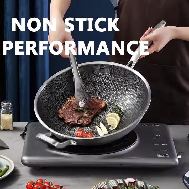Wok,13 Inch Hybrid Woks & Stir-Fry Pans Nonstick, Large Stainless Steel Wok with Lid,Induction Non Stick Woks,PFOA Free Cookware,Dishwasher And Oven Safe