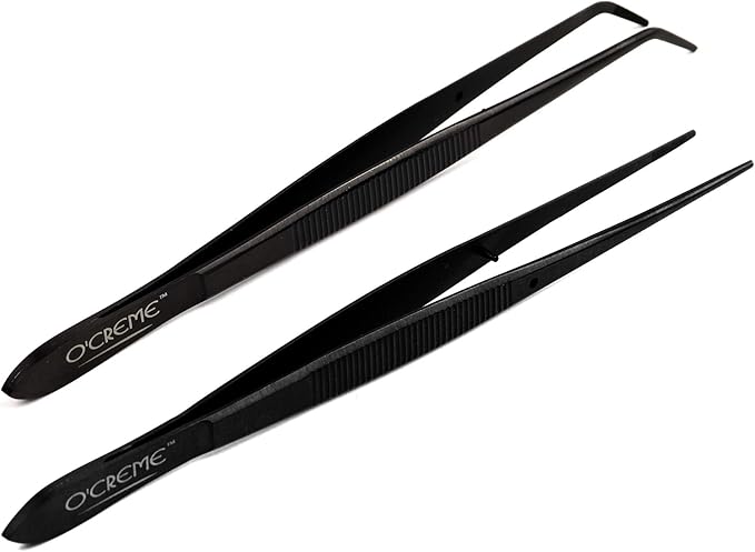 O'Creme Black Stainless Steel Precision Kitchen Culinary Fine-Tip Tweezer Tongs, 1 Curved and 1 Straight