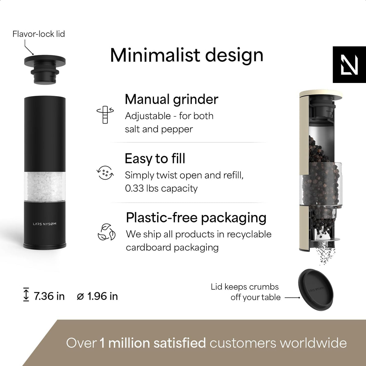 LARS NYSØM Salt and Pepper Grinder Set Manual, Stainless Steel Salt and Pepper Mills with Adjustable Ceramic Grinder I Design Spice Shakers (Black/Beige)
