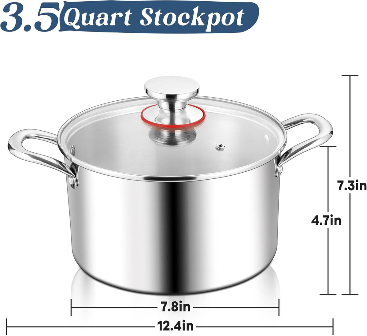TeamFar 3.5 Quart Stock Pot, Tri-Ply Stainless Steel Pasta Cooking Pot with Lid, Tempered Glass Lid & Double Side Riveted Handles, Non-Toxic & Healthy, Heavy Duty & Dishwasher Safe