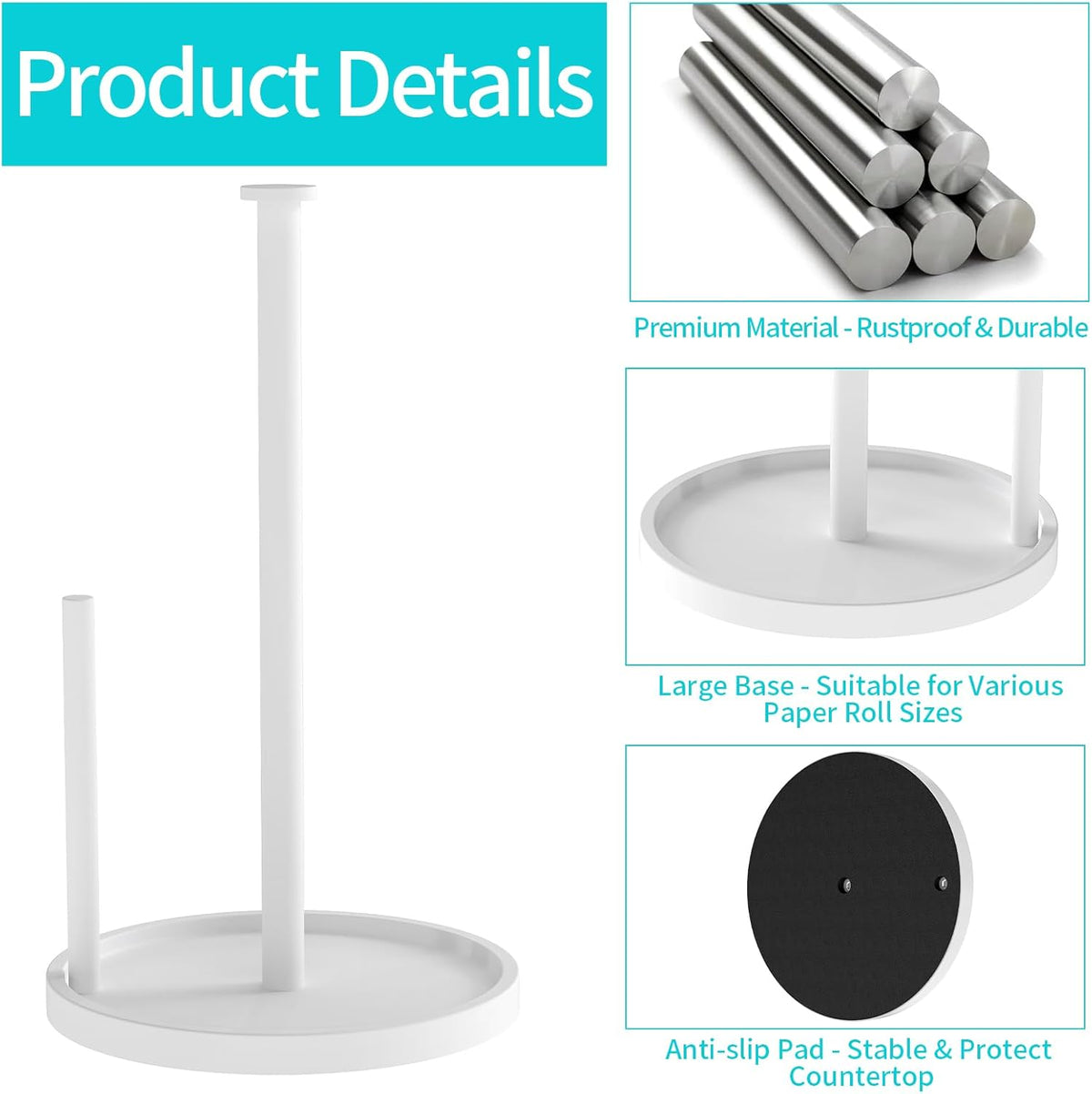 Paper Towel Holder Countertop, Standing Paper Roll Holder with Anti Slip Weighted Base, Stainless Steel Freestanding Paper Towel Holder for Kitchen, White