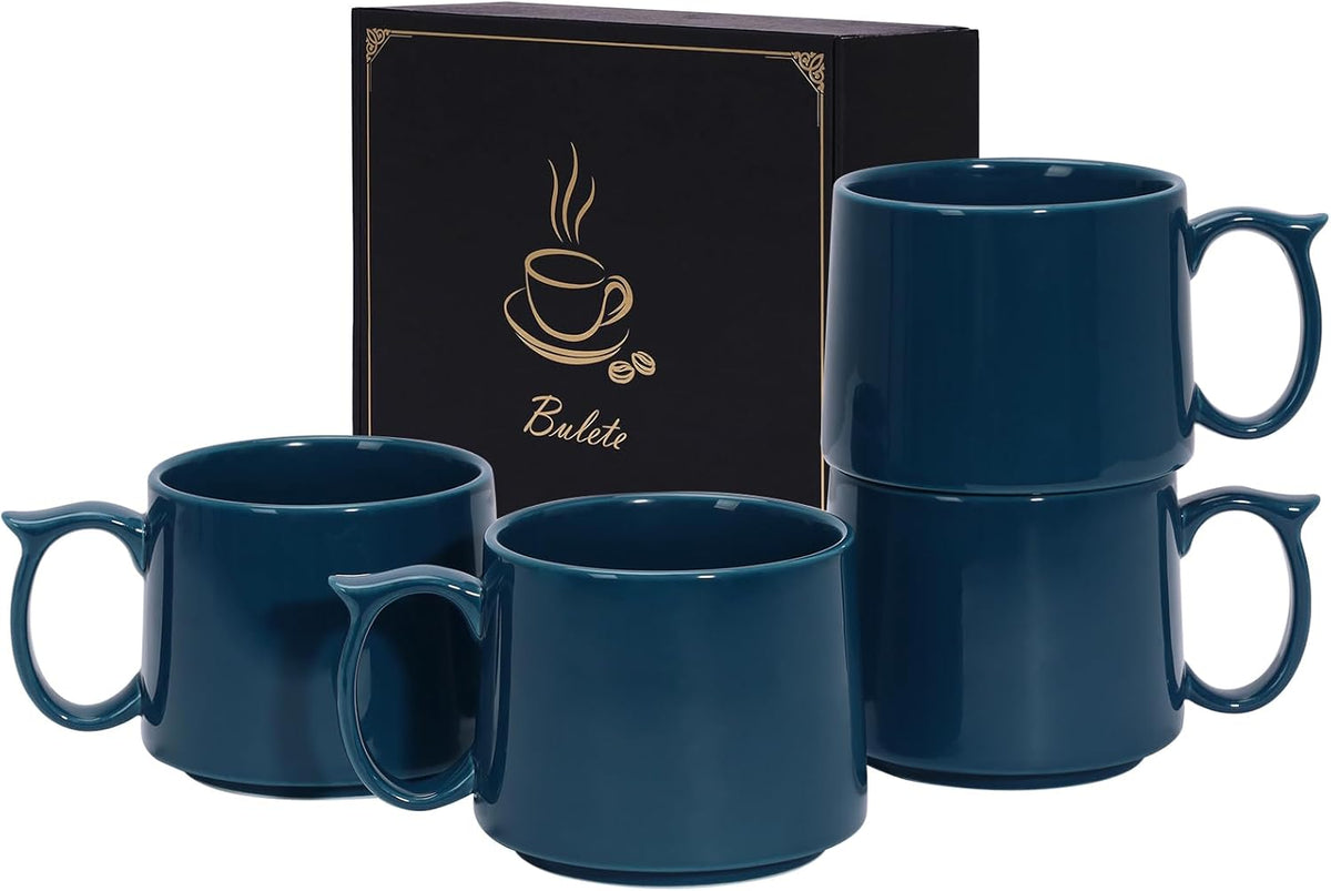 19 oz Large Coffee Mugs Set of 4, Stackable Ceramic Coffee Mugs with Large Handles for Coffee, Latte, Cappuccino, Milk, Dishwasher & Microwave Safe, Ideal for Men, Women, Dads and Moms (Blue)