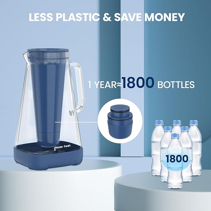 GLACIER FRESH 10 Cup Glass Water Pitcher with 1 Filter of 3X Flow Rate, Purela Glass Pitcher with 5-Stage Filtration Technology, Reduces 99% Chlorine and Improve Taste, Bpa Free, Blue