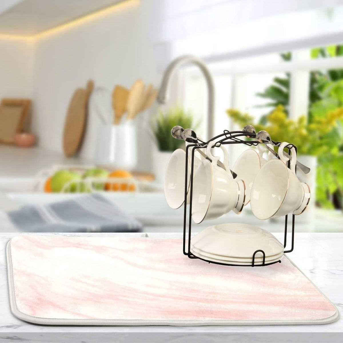 Super Absorbent Dish Drying Mat Microfiber Fast-Drying Dish Mat 16" x 18" Kitchen Dish Drying Pad Pink Coral Marble