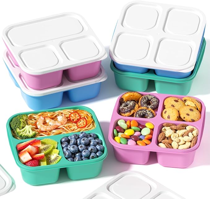 6 Pcs Snack Box Container Set, Reusable 3&4 Compartment Meal Prep Snack Containers for Adults Kids Toddler, BPA-Free Divided Lunchable Container for School, Work and Travel (5 Color)