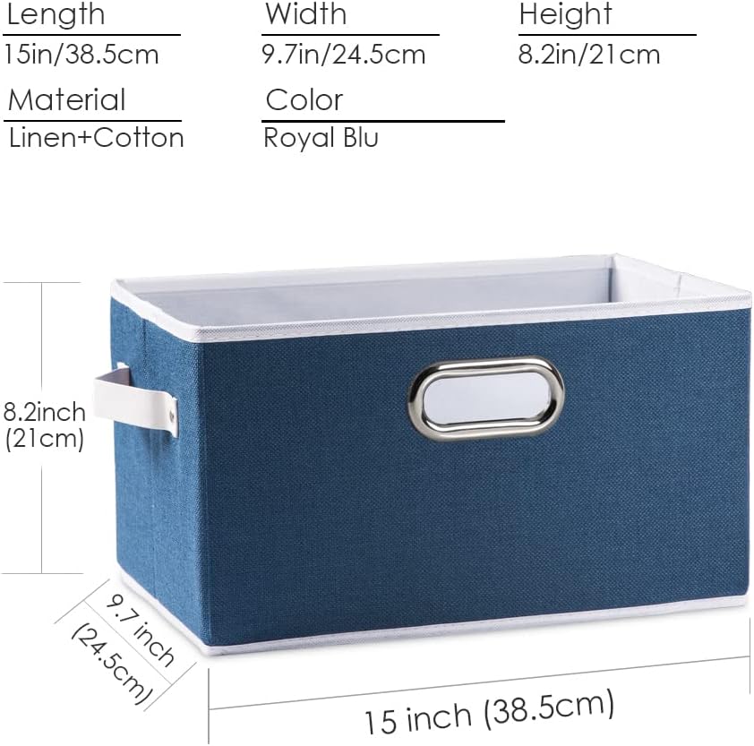PRANDOM Large Collapsible Storage Baskets for Closet [5-Pack] Decorative Fabric Storage Bins Cubes with Leather/Metal Handles for Shelves Bedroom Living Room Royal Blue (14.9x9.8x8.3 Inch)