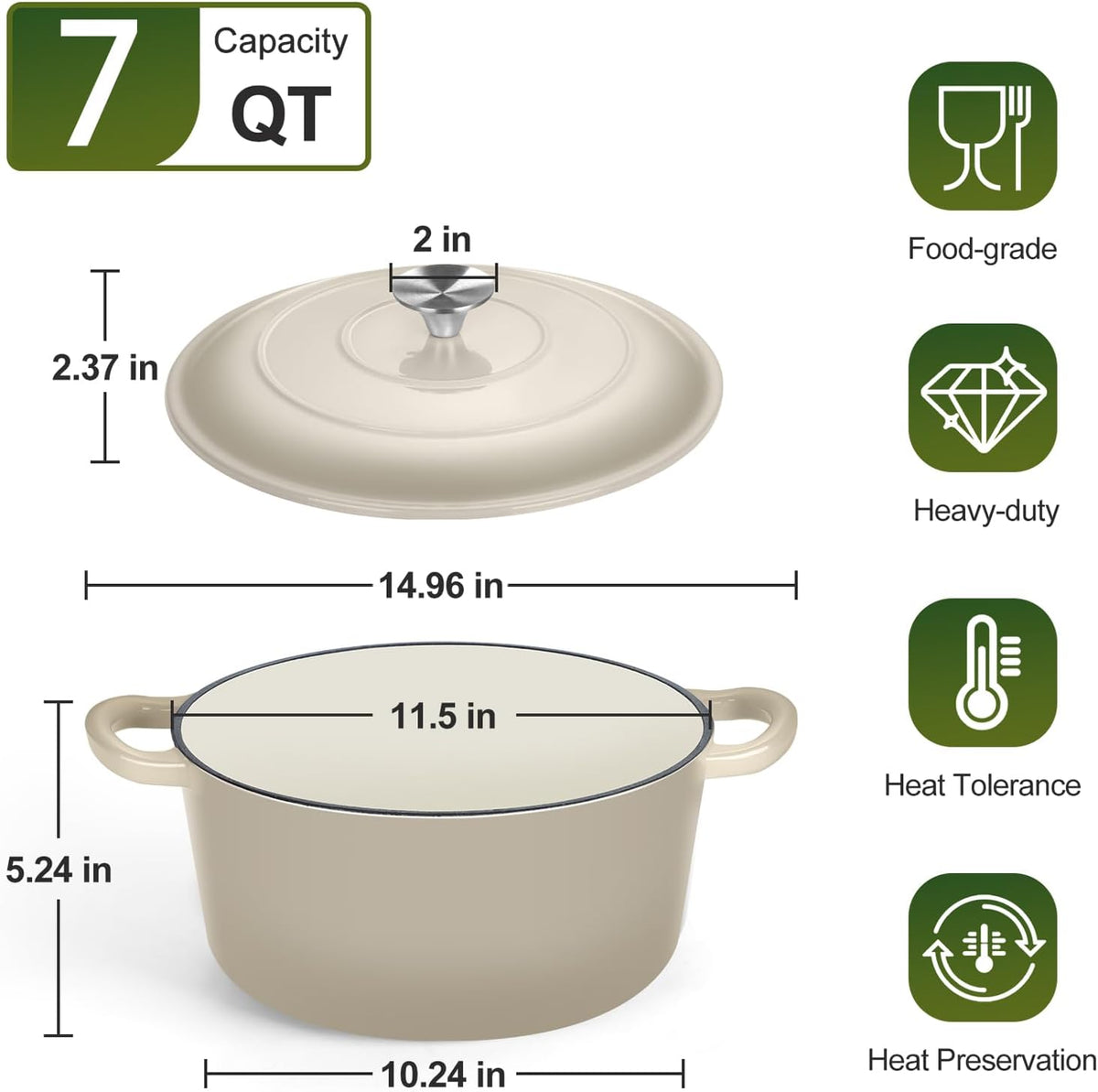 P&P CHEF 7QT Enameled Dutch Oven, Cast Iron Dutch Oven Pot with Lid for Bread Baking, Enameled Casserole Pot for Roasting Braising Stewing Frying Simmering, Various Stoves & Easy Clean, Khaki