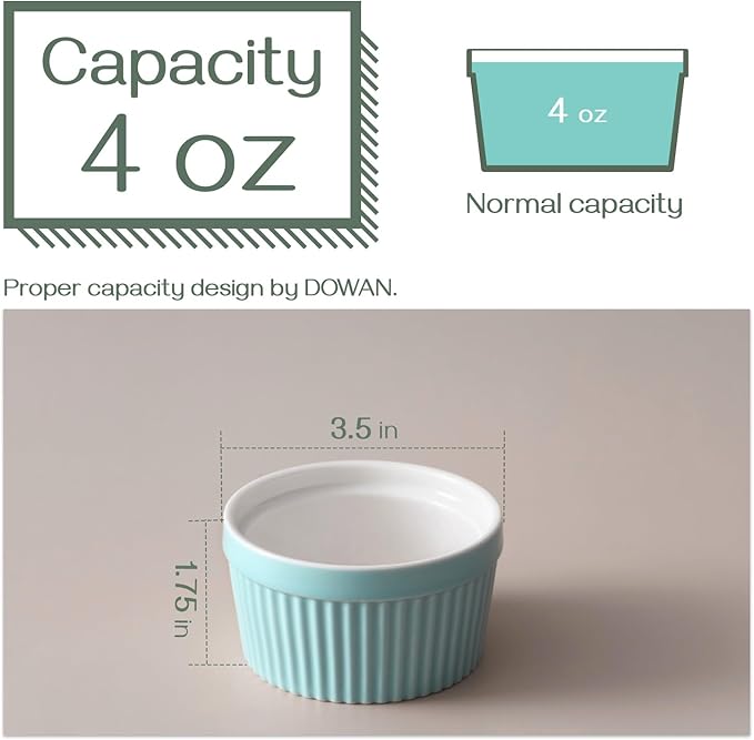 DOWAN 4 oz Ramekins - Ramekins for Creme Brulee Porcelain Ramekins Oven Safe, Classic Style Ramekins for Baking Souffle Ramekins Ramekins Bowls, Set of 6, Blue