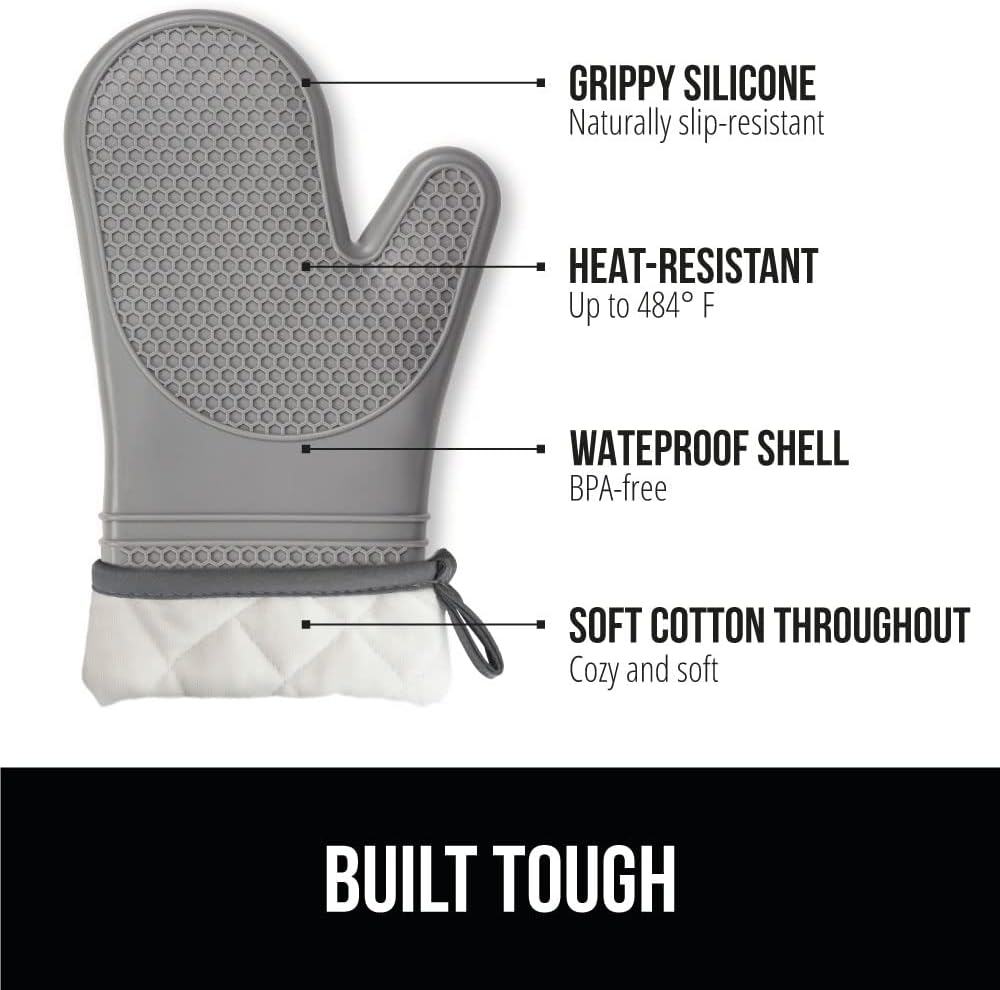 GORILLA GRIP BPA-Free Soft Silicone Oven Mitts, 14.5x8.3, Heat Resistant and Waterproof Cooking Gloves, Thick Cotton Lining, Flexible Gripping for Baking Grilling, Kitchen Potholders Set of 2, Gray
