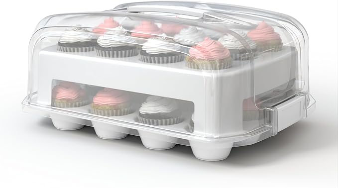Top Shelf Elements Cupcake Carrier, EXTRA LARGE LID, White Cupcake Holder Carries 24 Standard-Size Cupcakes, Muffin Traveler Two Tier Stand Reusable Cupcake Box