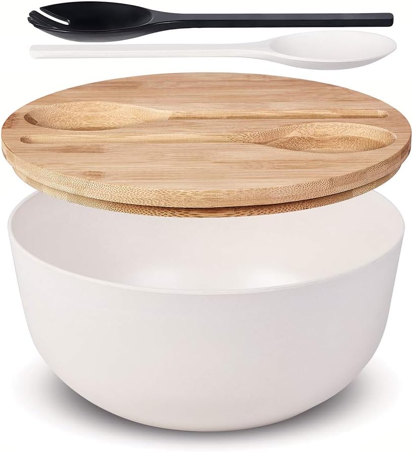 10” Bamboo Fiber Large Salad Serving Bowl Set with Wooden Lid & Servers, 3.5Qt Big Bowl with Utensils for Mixing Salad,Fruit,Pasta,Lightweight & Dishwasher Safe, Ideal Gift for Home - Matte White