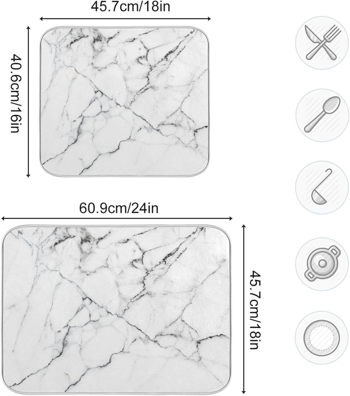 White Grey Marble Dish Drying Mat for Kitchen Counter Absorbent Microfiber Drying Pad, Medium 16x18 in, Reversible Drainer Mats