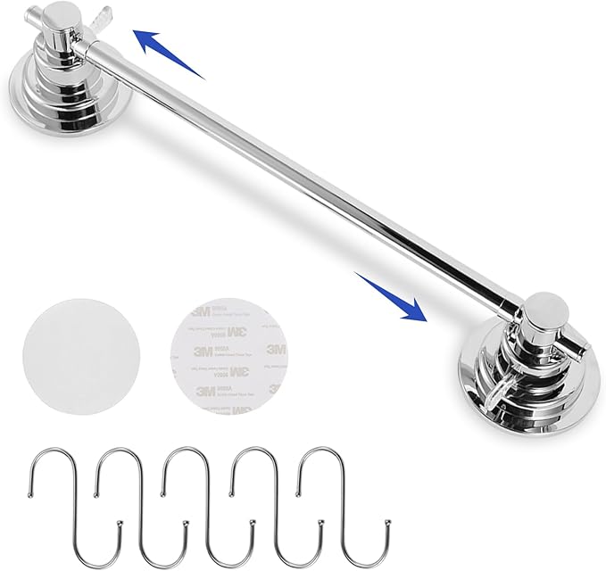 SLIIMU Suction Cup Towel Bar for Shower with 5 Hooks, 17-28 Inch Adjustable Stainless Steel Long Bathroom Wall Washcloth Rack,Extendable Glass Shower Door Suction Rag holder,Towel Rod for Bath Kitchen