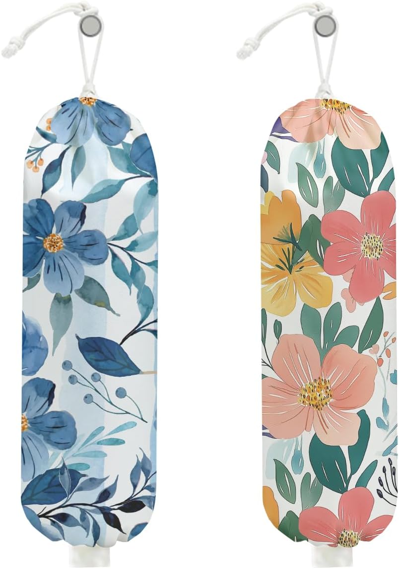 2Pcs Watercolor Flower Plastic Bag Holder, Wall Mount Grocery Bag Holder for Plastic Bags, Colorful Floral Reusable Grocery Bags Storage Dispenser for Home Kitchen Decor, Flower Gifts for Women Mom