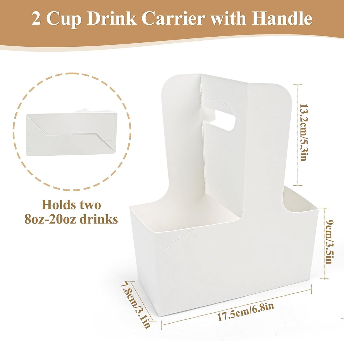 HFH Disposable 2-Cup Drink Carrier with Handle, Cardboard Cup Holder for Takeout, White (20P)