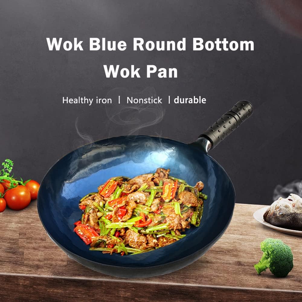 shuoguoleilei Chinese Hand Hammered Iron Woks Set, Non-Stick No Coating Preseasoned Wok Blue Round Bottom Wok Pan for Electric, Induction and Gas Stoves （Blue Black-12）