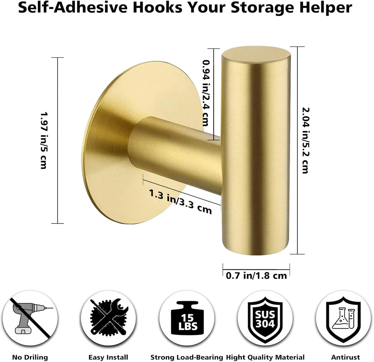 Adhesive Hooks Towel Hooks for Bathroom, Stainless Steel Waterproof Shower Hook Towels Holders, Coat Hook for Hanging Clothes, Wall Hooks Stick on Bathroom or Kitchen - 2 Pack, Gold