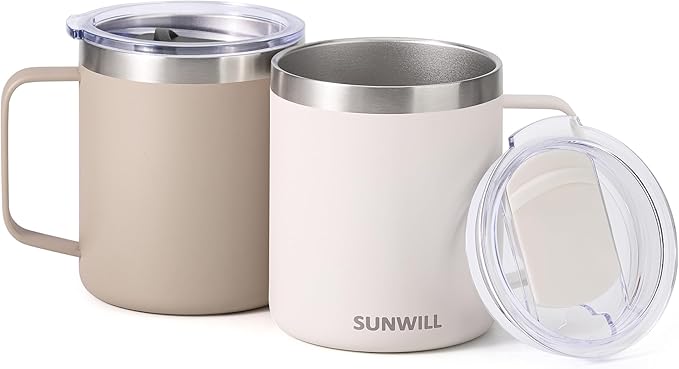 SUNWILL Travel Coffee Mug Set of 2, Insulated Tumbler with Lid, 14oz Stainless Steel Cup with Handle for Camping, Office, Home, Powder Coated Cream & Taupe