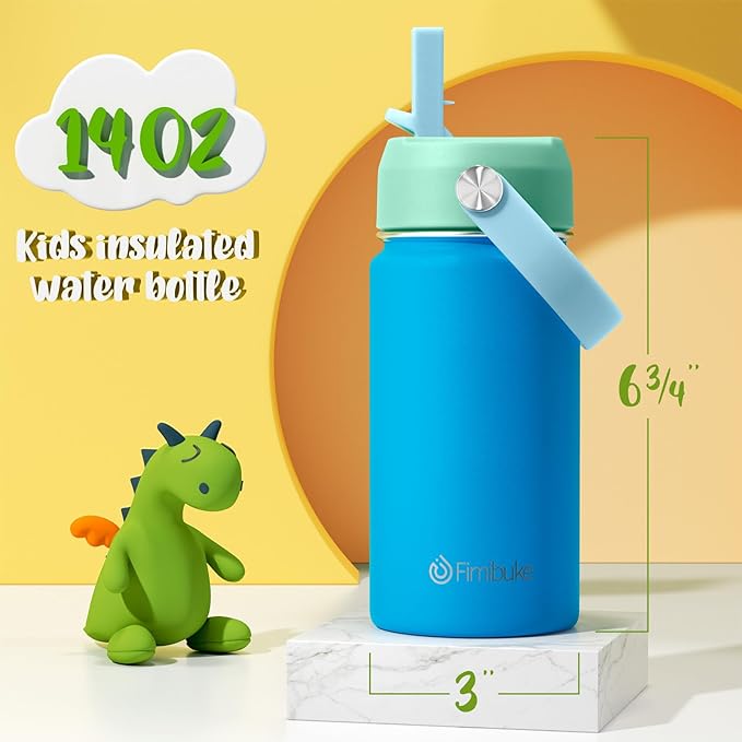 Fimibuke Kids Insulated Water Bottle, 14oz BPA FREE Double Wall Vacuum Tumbler 18/8 Stainless Steel Leak Proof Kids Cups with Straw Metal Water Bottle for School Boys Girls (2 Pack, Ocean Life)