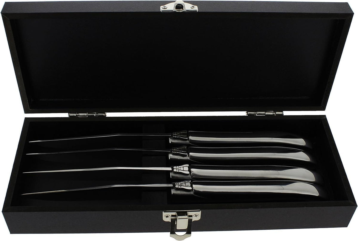 French Home Laguiole Connoisseur 4-Piece Steak Knives – Stainless Steel Dinner Knives with Etched Detailing & Napoleon Bee Emblem Packed in an Elegant Box (9")