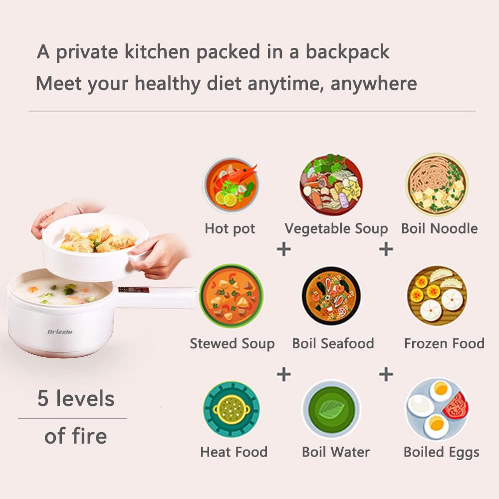 Drizzle Electric Hot Pot Cooker Steamer 1.8L Multifunctional Nonstick Pan Office Dorm Cooking Portable Ramen Cooker Steamer Boil Dry Protection Suitable For Noodle Cooker Eggs StirFrying