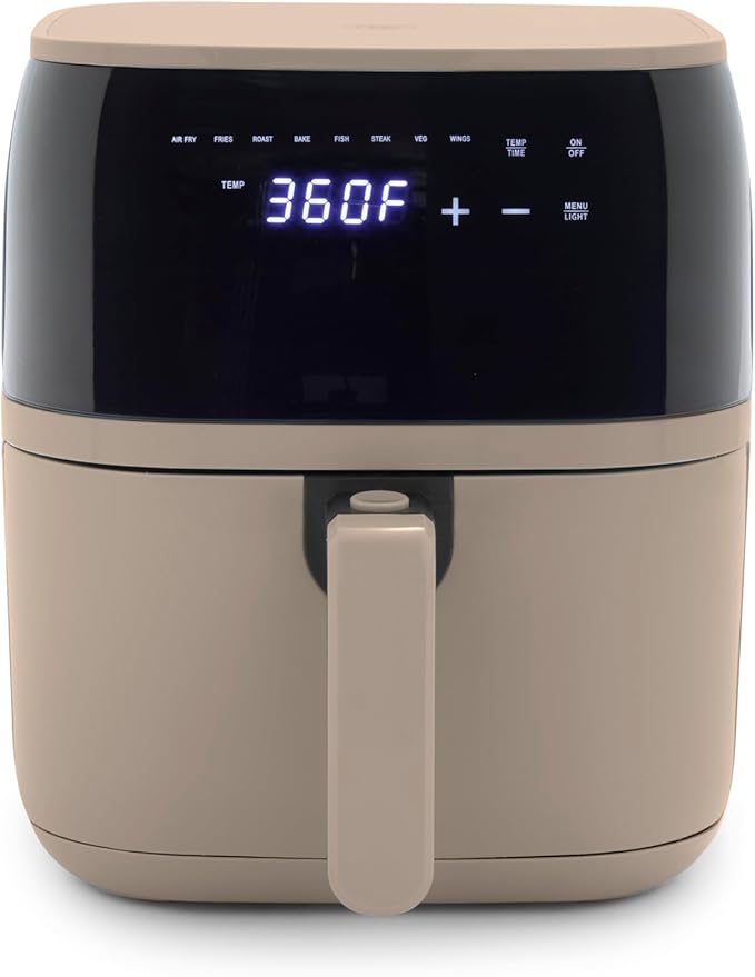 GreenLife Compact Electric Air Fryer Oven, 5.3 QT, PFAS-Free Ceramic Nonstick Drawer, 8 One Touch Digital Display, Easy View Window, Auto Shut-Off Timer, Dishwasher Safe Parts, 1500 Watts, Taupe