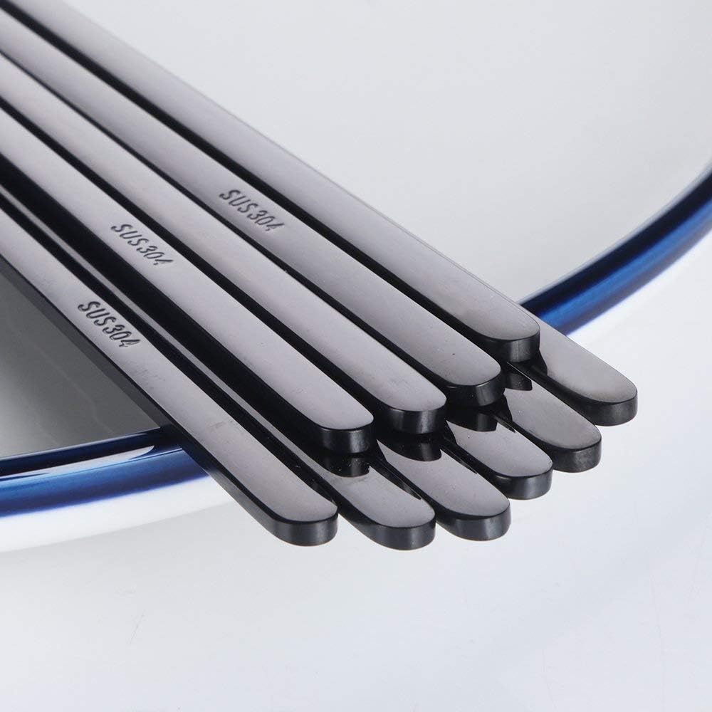 Buyer Star 5 Pairs Black Flat Reusable Metal Chopsticks - Stainless Steel Chinese Set With Case
