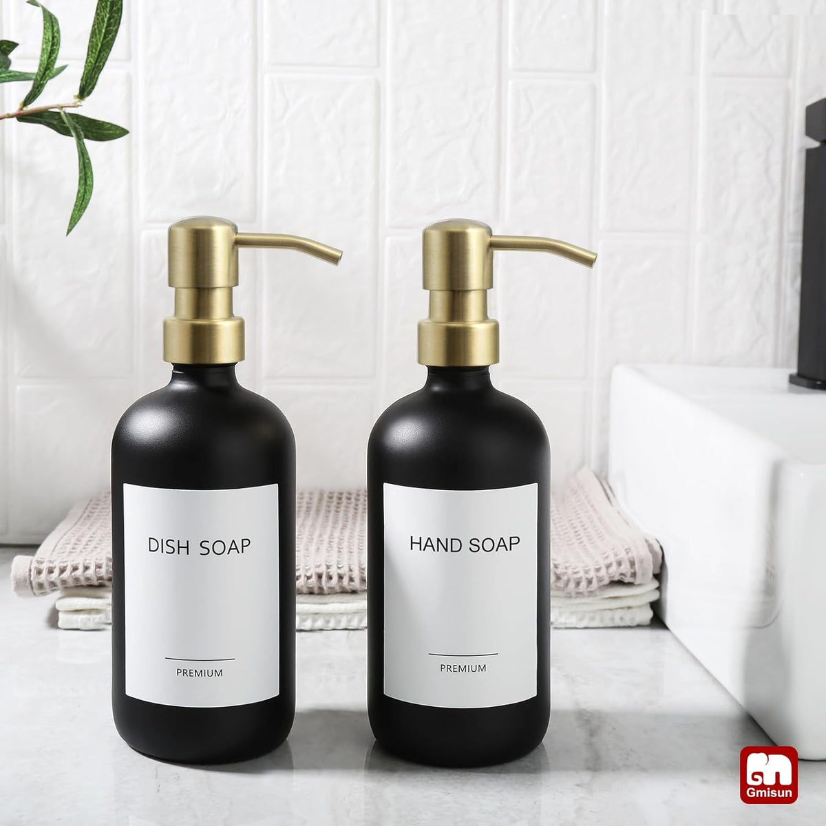 GMISUN Gold Soap Dispenser, 2 Pack Matte Black Glass Bathroom Hand Soap Dispenser with Rustproof Golden Pump, 17 Fl Oz Kitchen Hand and Dish Soap Dispensers Set, Modern Liquid Soap Lotion Bottle