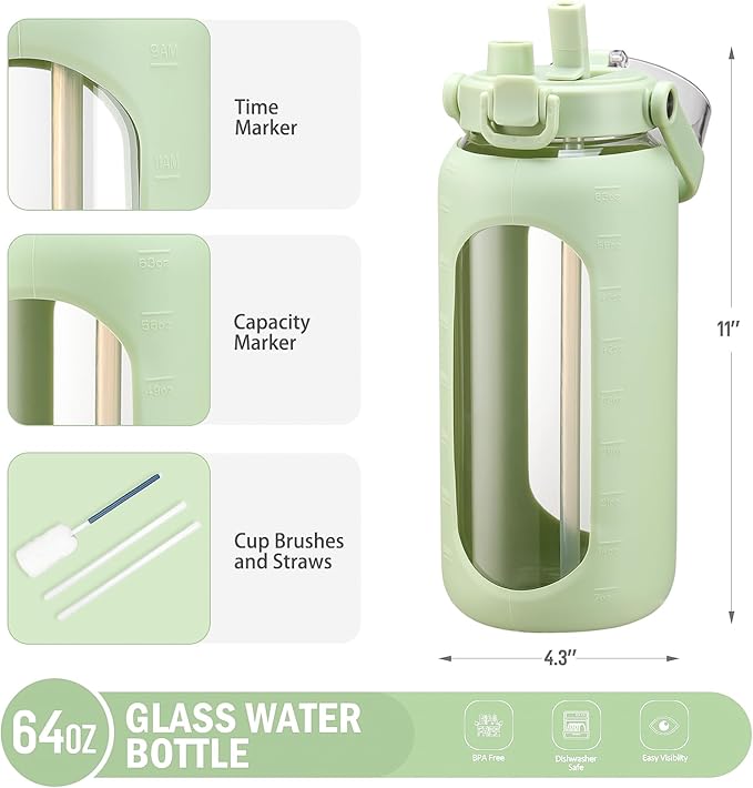 BLUEGO 64oz Glass Water Bottles with Straw Time Marker Half Gallon Large Motivational Water Bottle with Silicone Sleeve 2 Liter Large Glass Water Jug for Gym, Sports& Workout, Daily, Green