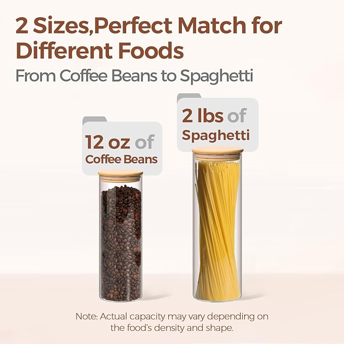 ComSaf Glass Food Storage Jars Set of 6, Tall Glass Storage Containers with Lids, Spaghetti Jar, Canisters Set for the kitchen, Pasta, Flour, Nuts, Oat, Coffee and Sugar Container, Pantry Organization