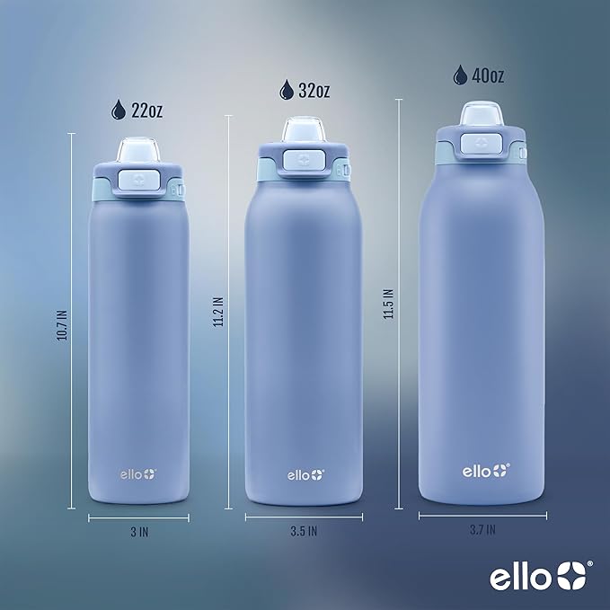 Ello Pop & Fill 22oz Stainless Steel Water Bottle with Quick Fill Technology, Double Walled and Vacuum Insulated Metal, Leak Proof Locking Lid, Sip and Chug, Reusable, BPA Free, Raincloud