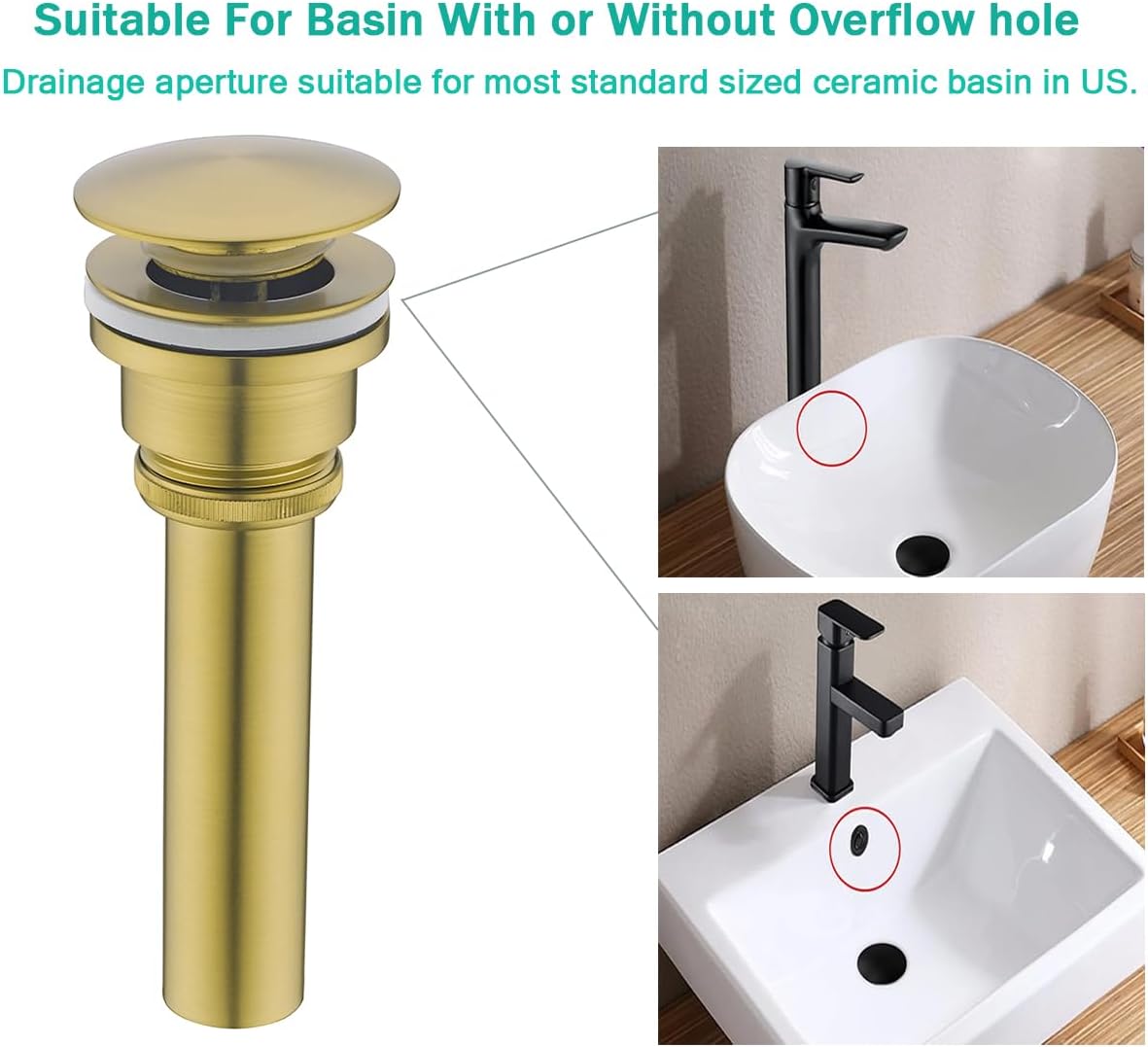 Bathroom Sink Drain With Overflow and Without Overflow Vessel Sink Lavatory Vanity Dual Use Pop Up Drain Stopper,All Metal Rustproof Brass and 304 Stainless Steel,Champagne Bronze