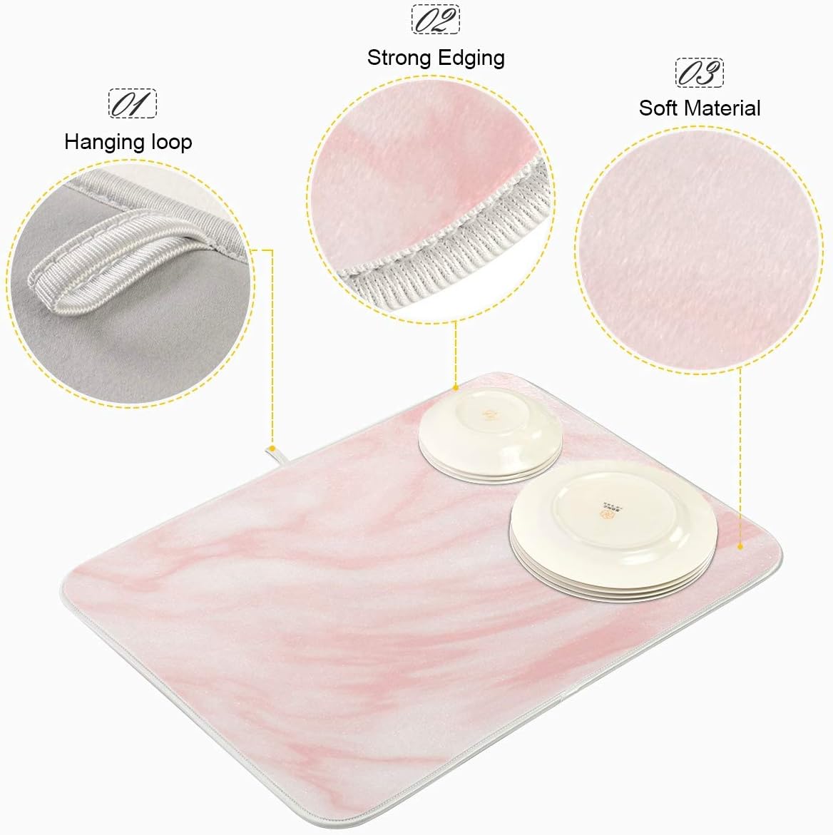 Super Absorbent Dish Drying Mat, Microfiber Fast-Drying Dish Mat, 24" x 18", Kitchen Dish Drying Pad, Pink Coral Marble