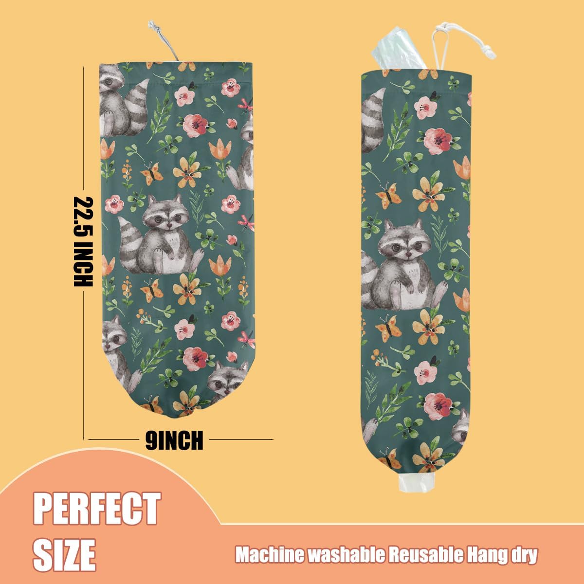 Raccoon Plastic Bag Holder, Wall Mount Grocery Bag Holder, Plastic Storage bag, Pull Rope Free Adjustment, Plastic Bag Holders for Grocery Bags, Plastic Bag Dispenser for Home Kitchen