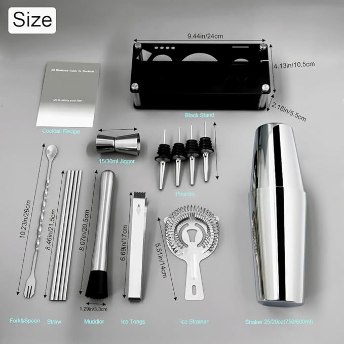 Professional Cocktail Shaker Set with Stand Cocktail Recipes, 15-Piece 750/600ml Bartender Kit, Bar Sets Bartending Kit Bar Tool Set 25/20oz Boston Shakers, Jigger, Muddler (Silver)