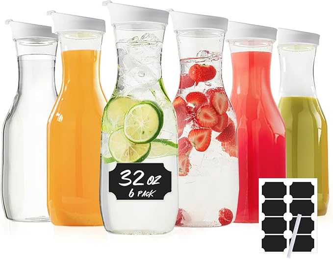Cuiselect Water Carafe with Lid, 32 Oz Round Plastic Pitcher for Drinks, Milk, Mimosa Bar Supplies, Iced Tea, Juice Containers with Lids for Fridge, BPA-Free, NOT DISHWASHER SAFE, 6 Pack