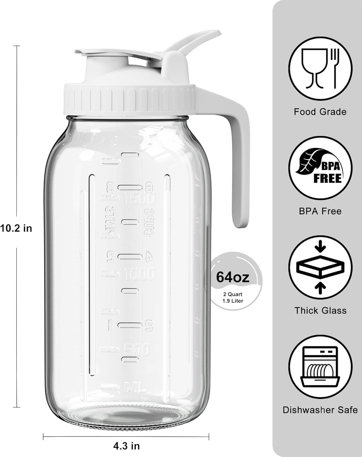 64oz Glass Pitcher, 2 Quart Mason Jar Pitcher with Lid and Spout | Wide Mouth | Airtight | Leakproof | Glass Water Jug for Juice, Sun Iced Tea, Cold Brew Coffee, Milk Storage, White