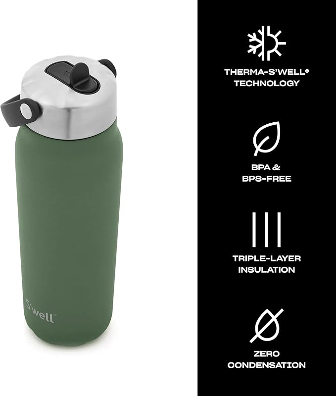 S'well Recycled Stainless Steel Explorer with Flip Straw Lid, 24oz, Green Jasper, Triple Layered Vacuum Insulated Containers Keeps Drinks Cold for 36 Hours and Hot for 8