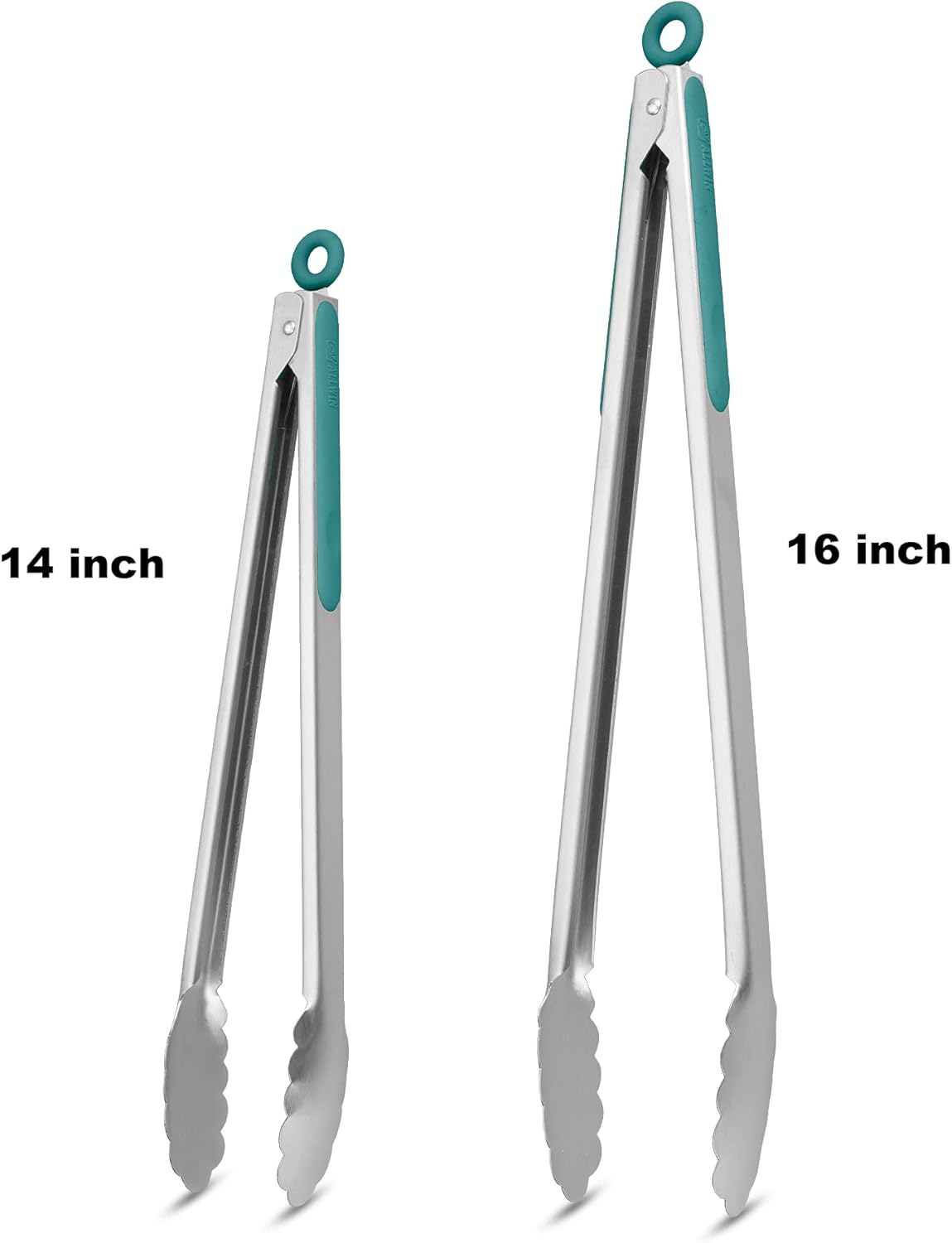 304 Stainless Steel Kitchen Cooking Tongs, 14" and 16" Set of 2 Sturdy Grilling Barbeque Brushed Locking Food Tongs with Ergonomic Grip, Aqua Sky
