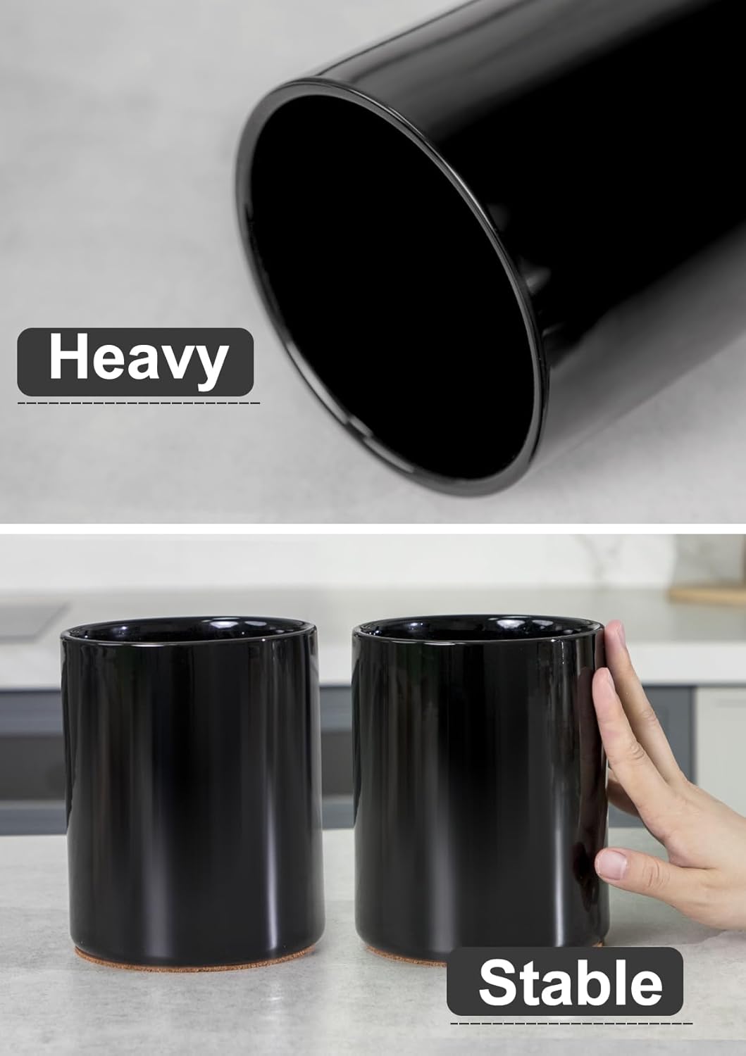Nucookery Utensil Holder, 6.4" Ceramic Kitchen Utensil Holder with Countertop-Protection Cork Bottom, Farmhouse Kitchen Decor for Counter (Black)