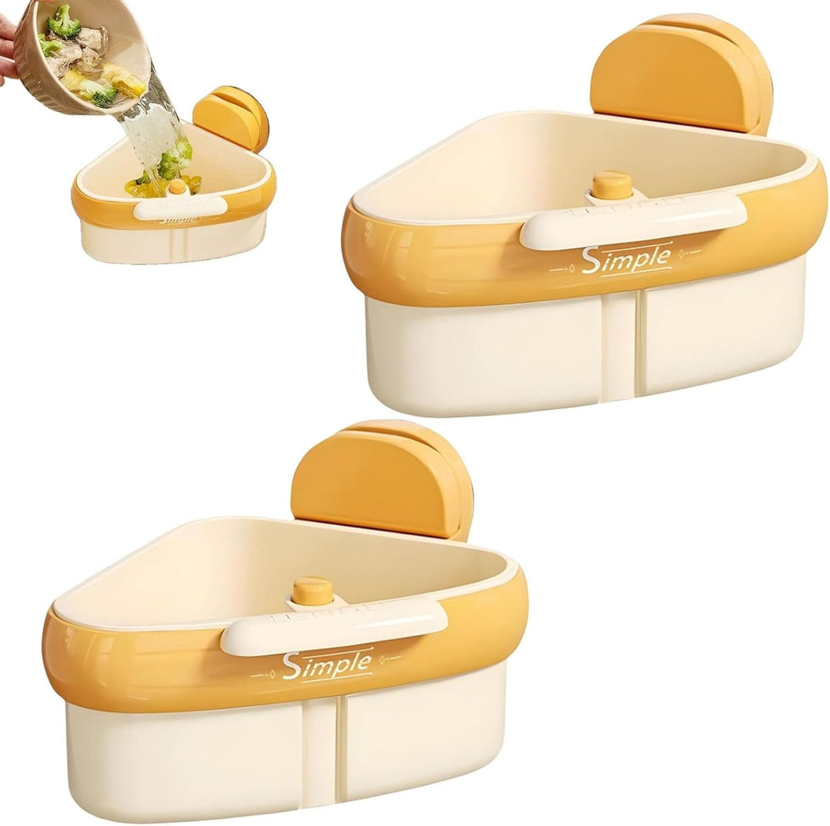 Suction Cup Sink Corner Rack, Curetoaway Corner Sink Strainer, Sink Trash Catcher, Plastic Triangular Baskets Corner Hanging, Rust Resistant, for Kitchen Food Waste (2Pcs Yellow)