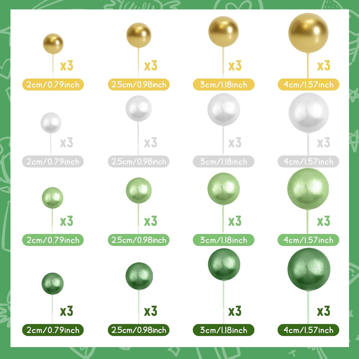 48 Pcs Balls Cake Topper Decorations Balloon Cupcake Toppers Foam Cake Topper Balls Cake Balls Decorations for Birthday Party Cake Decorating (Green, White, Gold)
