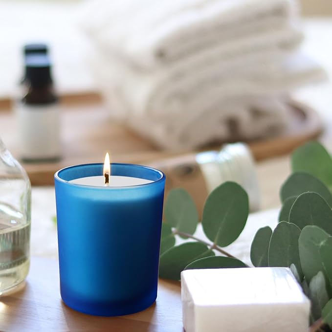 Thick Candle Jars for Making Candles 12 Pcs, 7 OZ Empty Jars with Wood Lids for Candle Making, Sample Container, Frosted Blue