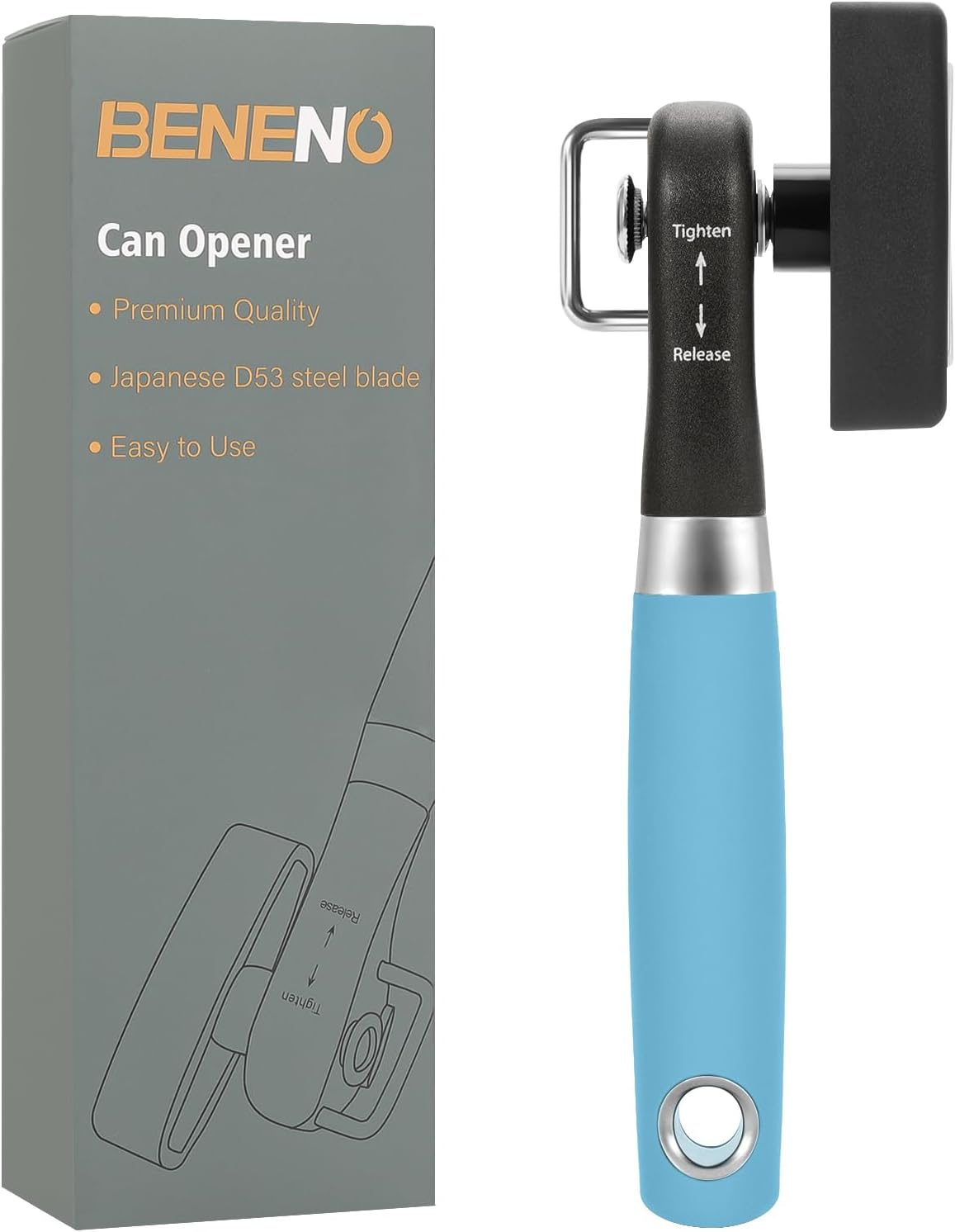 Beneno Can Opener, Manual Side Safe Cut Can Opener Smooth Edge with Durable Sharp Blade, Effort-Saving Knob & Comfortable Non-slip Handle, Aqua
