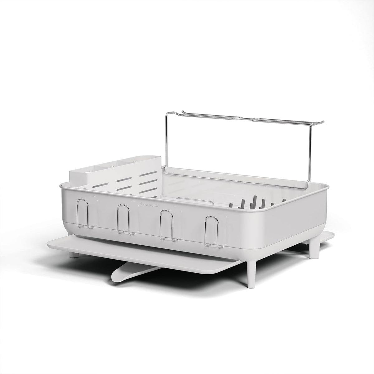 simplehuman Large Capacity Dish Drying Rack with Stainless Steel Frame, 360º Easy Drain Swivel Spout, Utensil & Wine Glass Holder, Anti-Residue Coating, Moisture Control Surface, White