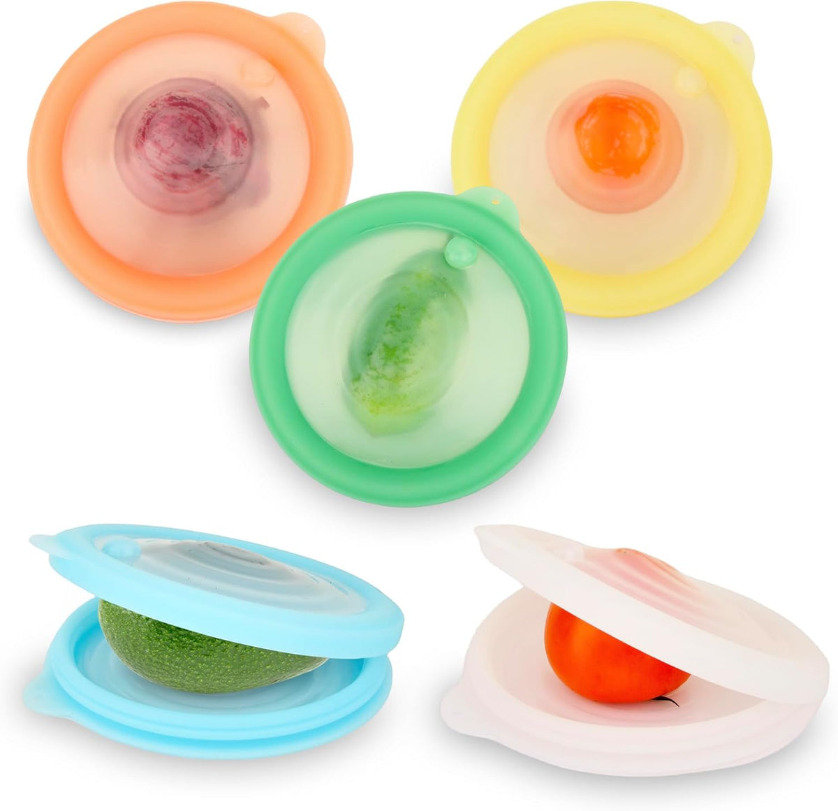 Silicone Reusable Vacuum-Seal Storage Containers for Fridge,Fresh Fruit,Vegetables,Garlic,Onions,Lemons,Potatoes,Meat,for Microwave Oven Heating,Freezer,Dishwasher,Avocado Saver,Tomato Holder,5 Pack