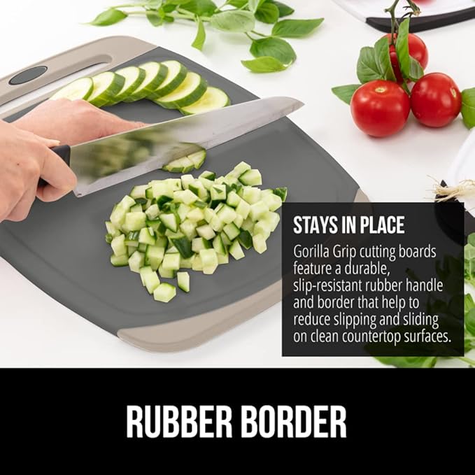 GORILLA GRIP BPA-Free Reversible Kitchen Cutting Board Set of 3, US Designed, Nonporous, Juice Grooves Catch Liquid, Slip Resistant Border, Dishwasher Safe, Durable Food Chopping Boards, Almond Gray