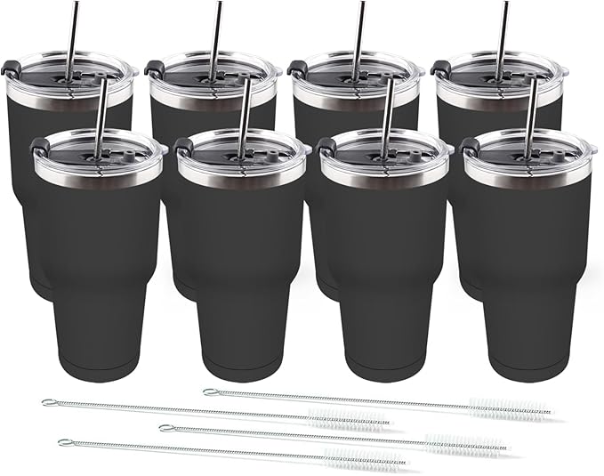 Amtidy 8 Pack 30oz Travel Mug, Powder Coated Stainless Steel Vacuum Double Wall Bulk Tumbler, Durable Insulated Coffe Cup with Splash Proof Lids straw and cleaning brush，for Home, Office, Party