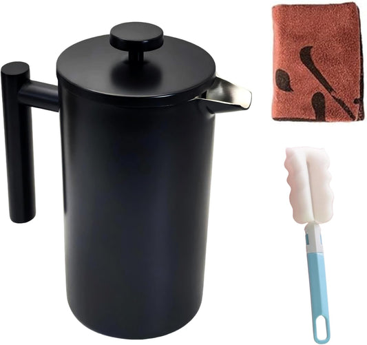 YJX 34oz Coffee Maker, Stainless Steel French Press, 1 Liter Camping Coffee Pot, Tea Maker, 34 Ounce Travel Coffee Presses, Heat Resistant Double Insulated (Black)