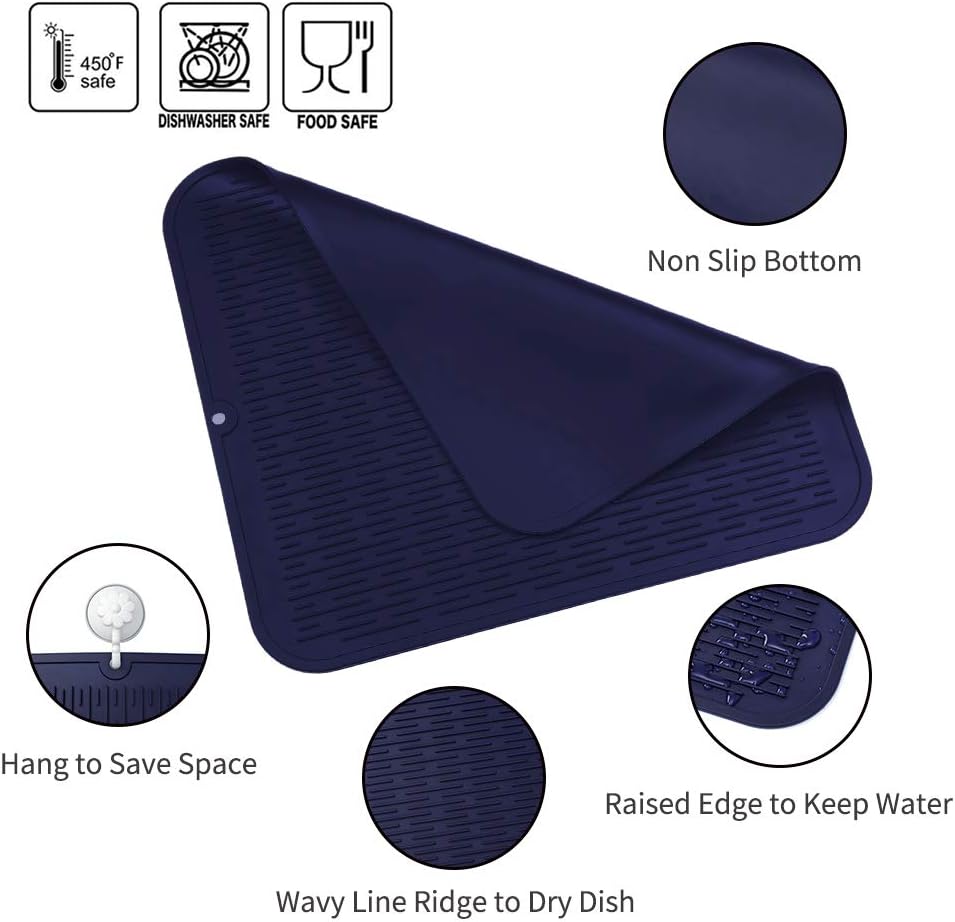 Silicone Dish Drying Mat for Multiple Usage,Easy clean,Eco-friendly,Heat-resistant Silicone Mat for Kitchen Counter or Sink,Refrigerator or Drawer Liner Navy Blue XL 18 inches x 16 inches